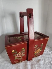 VINTAGE WOOD HAND MADE RICE/GRAIN BUCKET/LID;HANDPAINTED