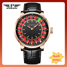 PINDU Men's Mechanical Watch Rose Gold Case Black Leather Strap Roulette Design