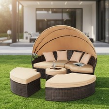 Sonneninsel 180CM Gartenmuschel Polyrattan Sonnenliege Rattan Lounge Tisch