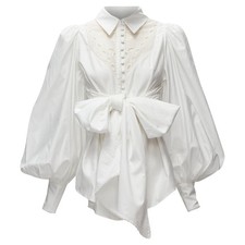 Acler Cotton Eyelet Cutout Big Bow Puff Sleeve Blouse Women White Size 2