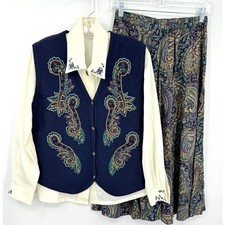 Vintage Skirt Set Womens Small Paisley Embroidered Beaded Prairie Modest Boho