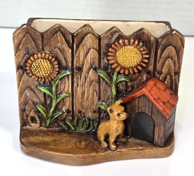 Vintage Hand Painted Dog With Sunflowers Pen Paper Holder Planter KITSCH