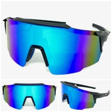 Oversized Retro Wrap Sport Cycling Ski Beach SUN GLASSES Large Frame Blue Lens