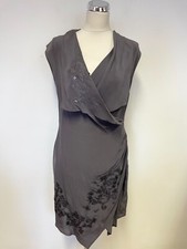 MINT VELVET GREY SILK EMBROIDERED & SEQUINNED DRAPED WRAP ACROSS DRESS SIZE 10