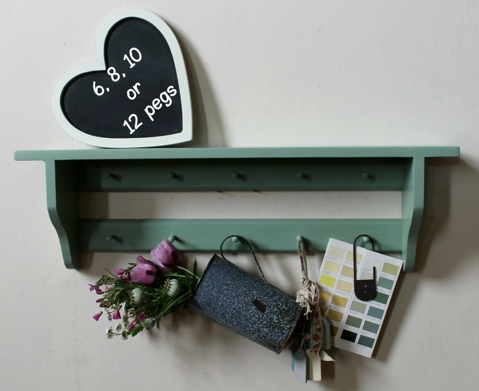 Wooden Wall Shelf with Cup Pegs Hand-Painted Vintage Kitchen Rack