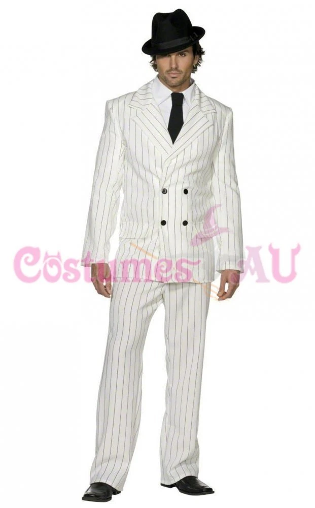 Mens 20s 1920s White Gangster Costume Pinstripes Male Mobster