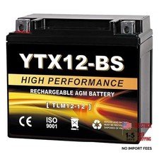 YTX12-BS 12V 10Ah AGM Sealed Motorcycle Battery, Maintenance-Free, YTX-12 Black