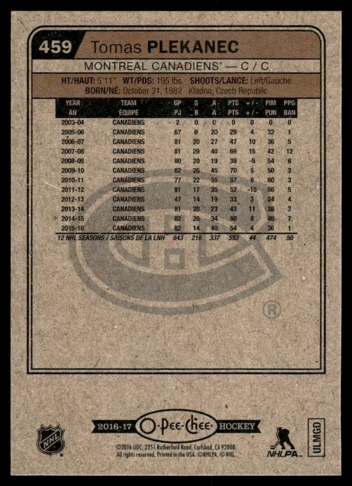 2016-17 O-Pee-Chee #459 Tomas Plekanec Montreal Canadiens Hockey Card - Image 2 of 2
