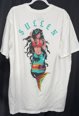 Sullen  Art Mermaid Tropical Summer Beach Sunset Tattoo WHITE SHIRT 2X PRE OWNED