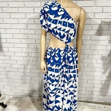Farm Rio “Pitta Tiles” One‑Shoulder Maxi Dress • NWT • Off‑White / Blue Tile • L