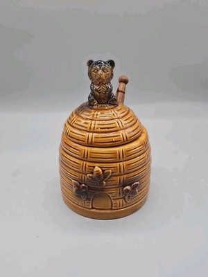 Vintage Ceramic Beehive Honey Pot Jar With Bear Lid Wooden Dipper Made In Japan 