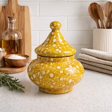 Signed Studio Pottery Lidded Jar Mustard Yellow Bubble Glaze Art Pottery