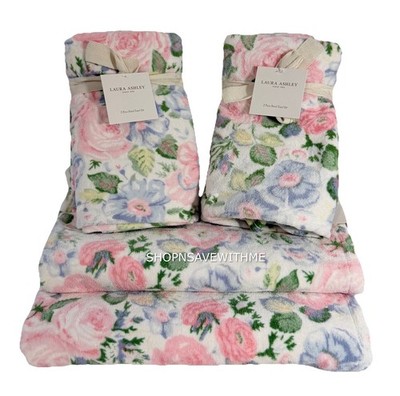 Laura Ashley Quartet Pink Floral Plush Bath Towel & Hand Towel Sets NWT