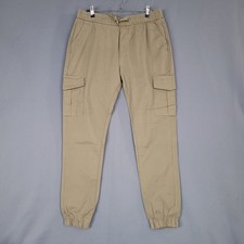 Cargo Jogger Pants Men's 36 Tan Beige Cotton Blend Elastic Waist Drawstring