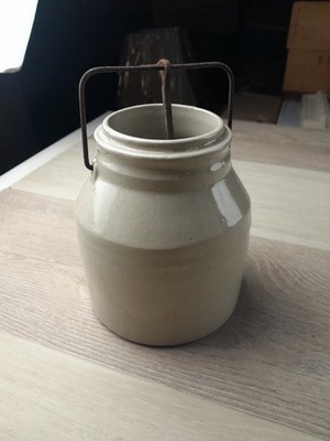 Antique 5.5'' H Stoneware Canning Fruit Jar  Threads On Top Wire Closure No Lid