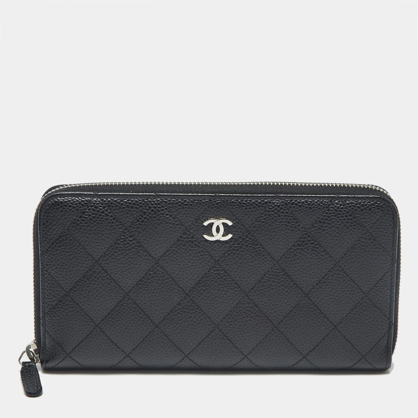 Chanel Black Quilted Caviar Leather CC Zip Around Wallet