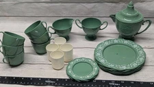 26 pc Vintage Child’s Green Tea Party Dish Set Kids Plastic Kitchen Pretend Play