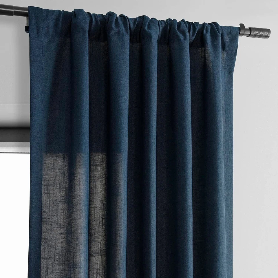 Linen curtain Navy Blue Color Living Room two panels Bedroom Curtain Set - Image 4 of 4