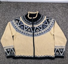 Vintage Icelandic Design Sweater Lambswool Fair Isle Cardigan Zip Womens Large