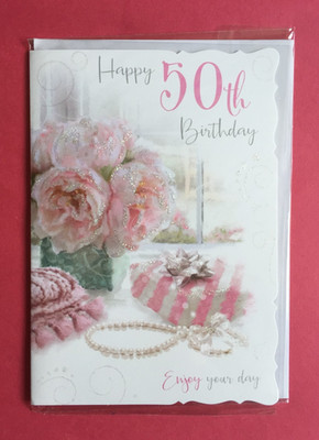 Schöne weibliche Happy 50. Geburtstag Karte Enjoy Your Day Pfingstrosen & Perlen C10