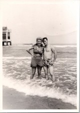 Vintage 1940s Original B W Photo Couple Beach Swimwear Ocean Pier Snapshot