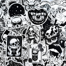 50 PCS Gothic Horror Sticker Pack Black White Creepy Skull Witch Designs