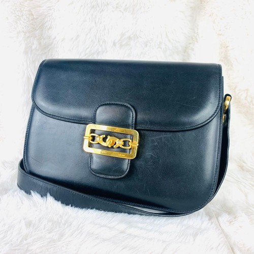 CELINE Old Celine Horse Carriage Leather Shoulder Bag Black Used