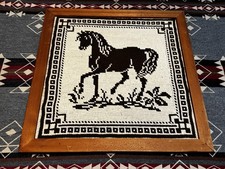 Vintage Horse Needlepoint Wall Art Framed 22x22 Equestrian Folk Art