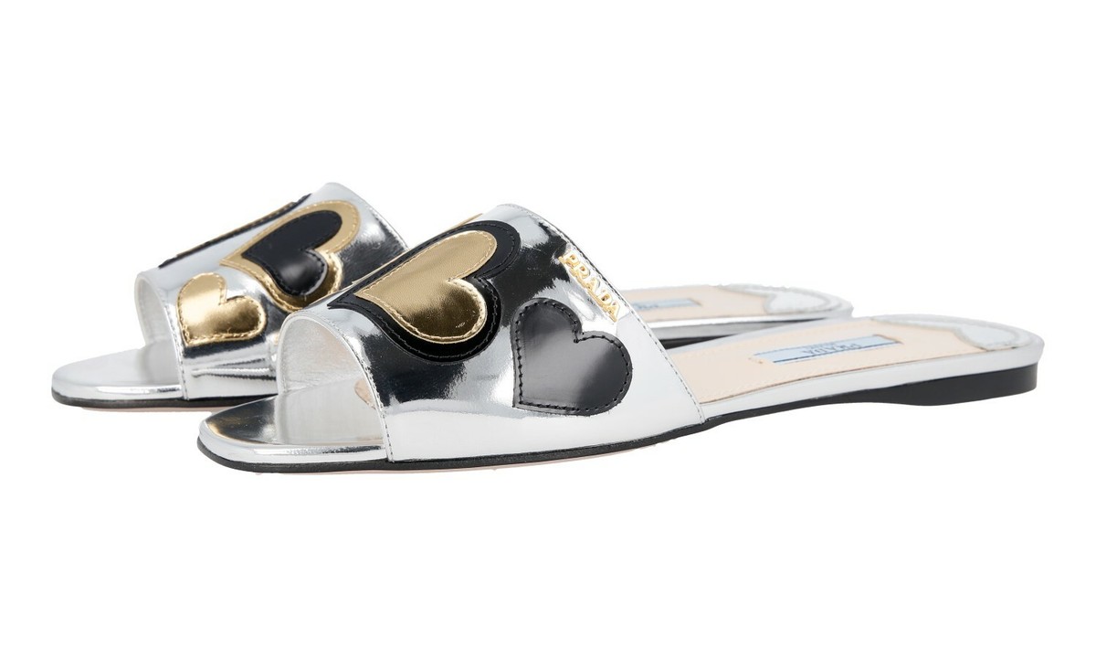 PRADA Leather Sandals Slides 1XX343 Chrome Silver HEART New US