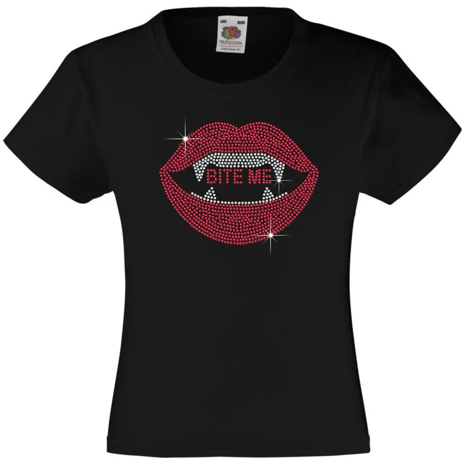 FRUIT OF THE LOOM, GILDAN OR EQUIVALENT Bite Me Red Lips Rhinestone/Diamanté Embellished Halloween Girl's T Shirt Gift