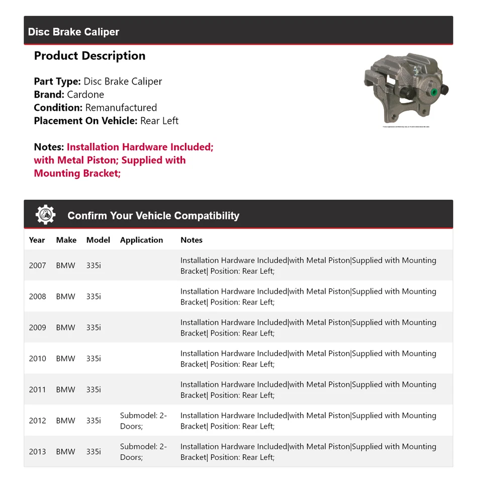 Pinza de freno de disco trasera izquierda Cardone 2008 2009 2010 2011 BMW 335i 2007-2013 Foto 2 de 4