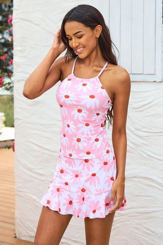 High Neck Cross Back Tankini Pink White Floral Daisies Skirted Swimsuit Medium - Picture 2 of 4