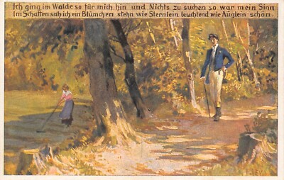 B061 Art Ich ging im Walde so fur mich hin Man Walking in Forest Girl postcard
