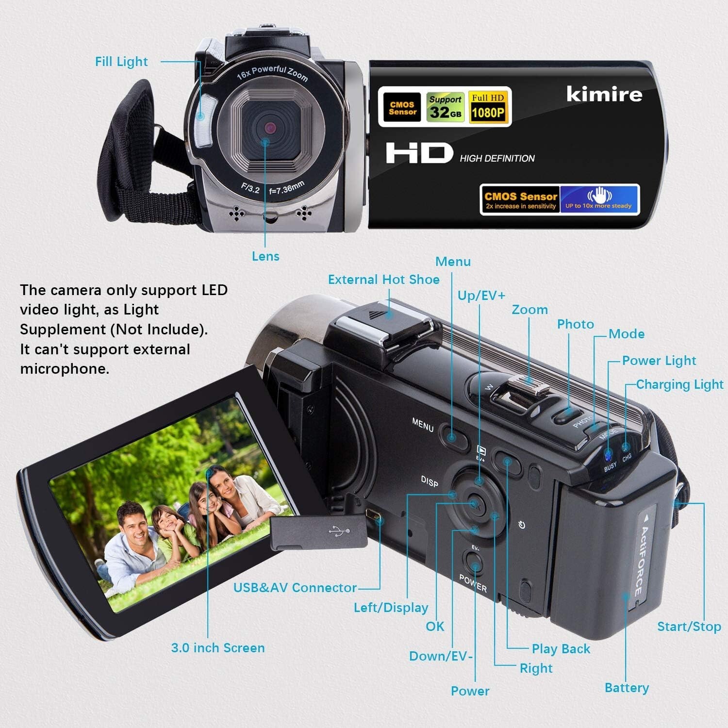 Video Camera Camcorder Digital Camera Recorder Full HD 1080P 15FPS 24MP 16X Zoom