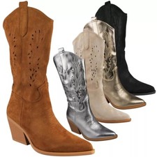 Cowboy Boots Shoes Ladies Below Knee Western Zip Heel Faux Suede Comfy Womens Sz