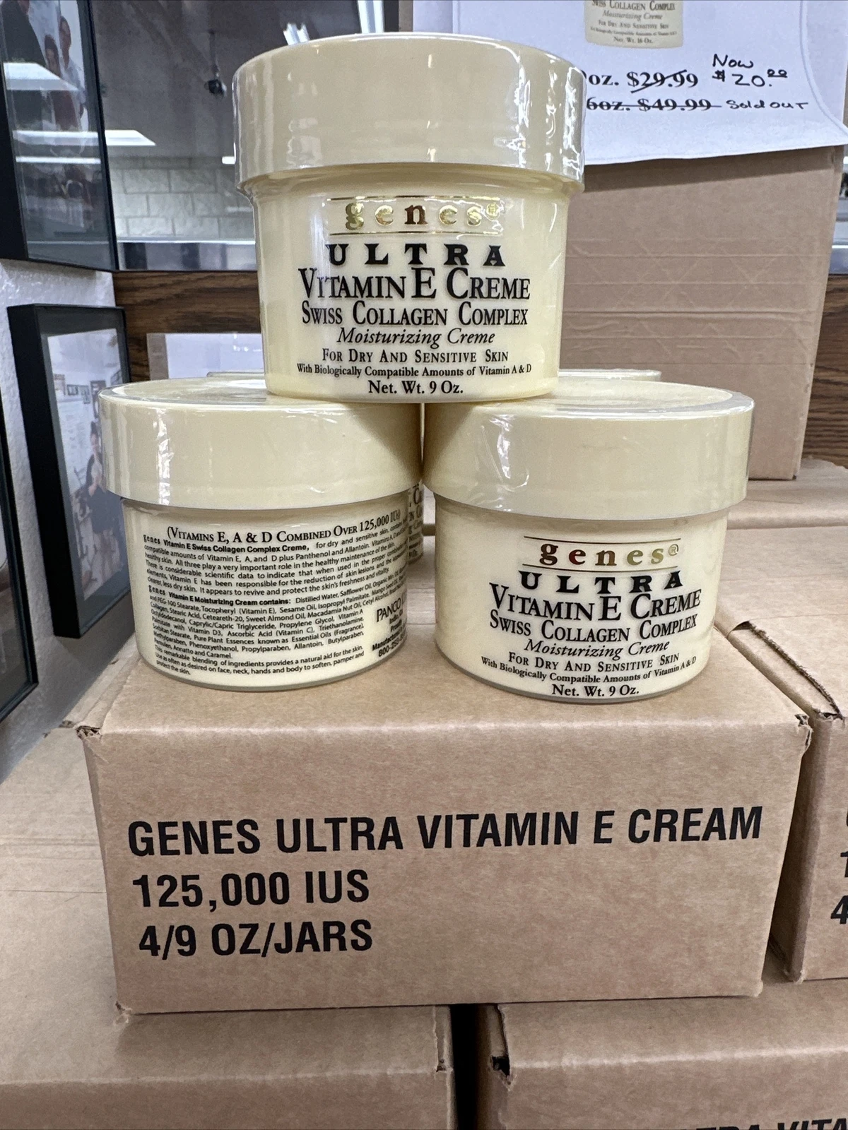 4pack of 9oz Jars Genes Ultra Vitamin E Creme 9 oz. Swiss collagen complex 
Opens in a new window or