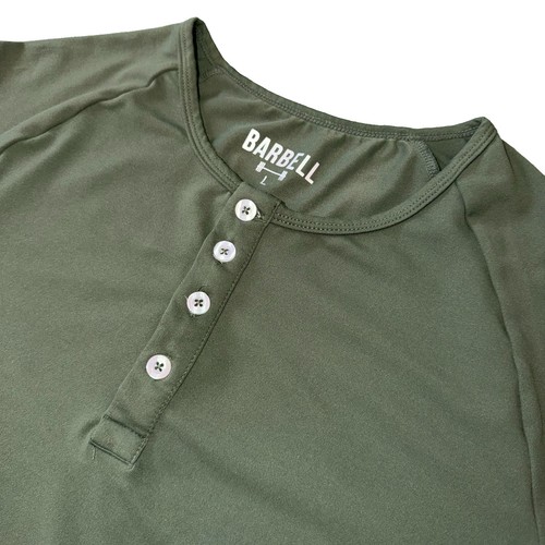 Barbell Apparel Henley Shirt Mens Large Green Performance Stretch Short Sleeve