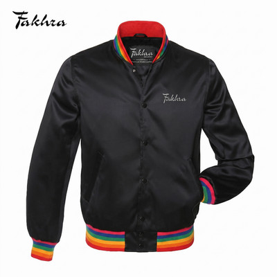 Premium Black Satin Varsity Jacket with Rainbow Trim College Letterman Bomber