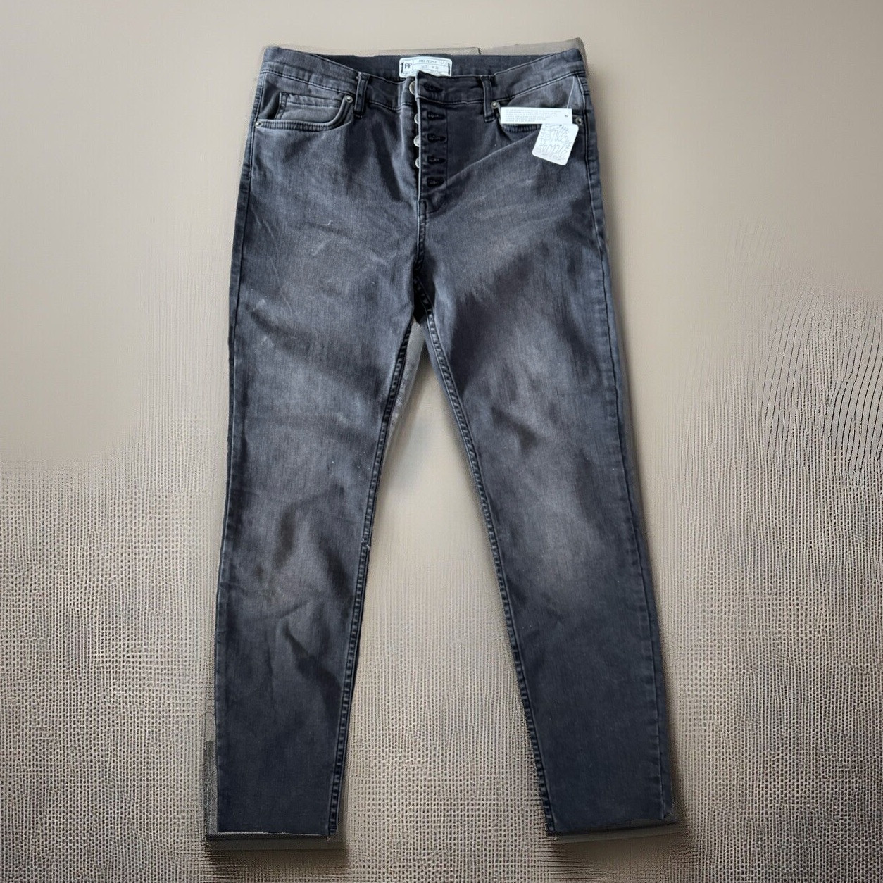 Free People Reagan Stretch Jeans Women 31 Black Skinny Leg Raw Hem Button Fly