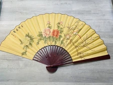 Vintage Large Chinese Hand Painted Silk And Wood Wall Fan Flowers Cranes 5’ X 3’