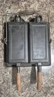 Antique WAGNER Cast Iron Twin Double Waffle Irons in Holder JULY 26, 1892 PAT'D