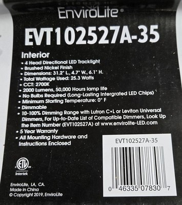 Envirolite  Nickel 4 Light Directional Led Track EVT102527A-35 NIB