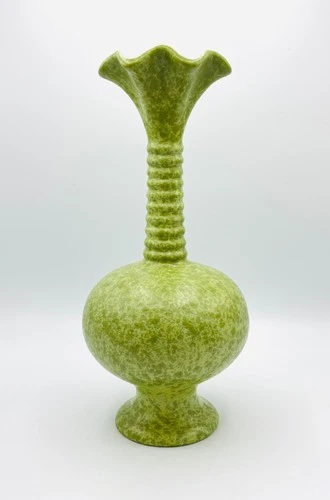 RARE HAEGER Matte Green Mottled Vase 12.5” Tall Art Pottery MCM Ringed