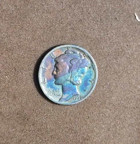1935 Philadelphia Mercury Dime AU 90% Silver - Insane Toning
