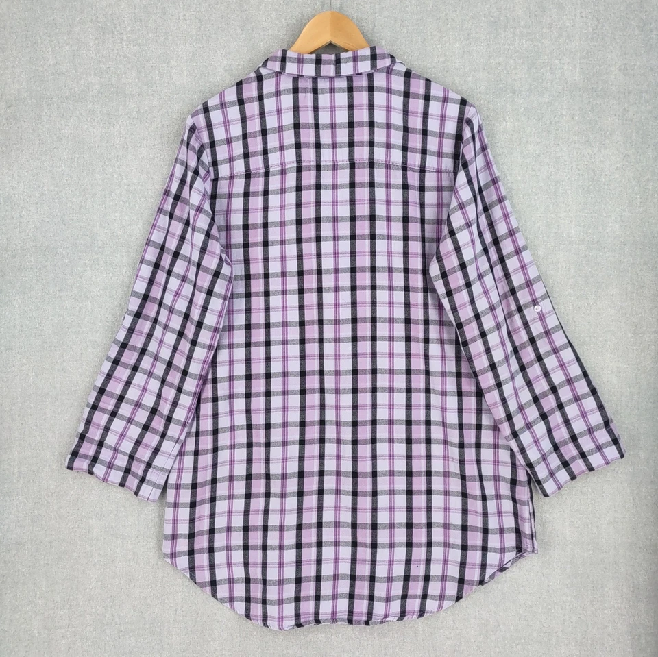 Camisa de noite Betsey Johnson íntima grande roxa tartan flanela babado botão - Imagem 2 de 4