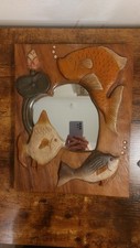 WOODEN HAND CARVED FISH MIRROR VINTAGE HAND PAINTED DESIGN