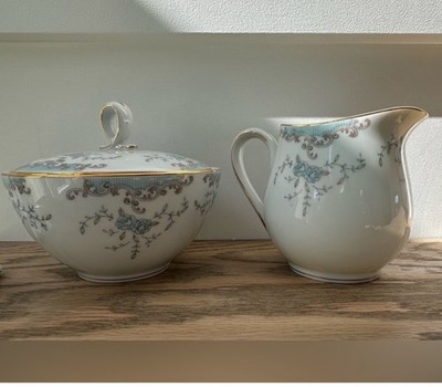 IMPERIAL CHINA Creamer & Sugar Bowl Lid Seville shabby chic BLUE Roses