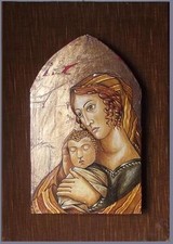 Icona Capoletto anni 50/60 legno gesso velluto oro Madonna Bambin Gesù Trecento