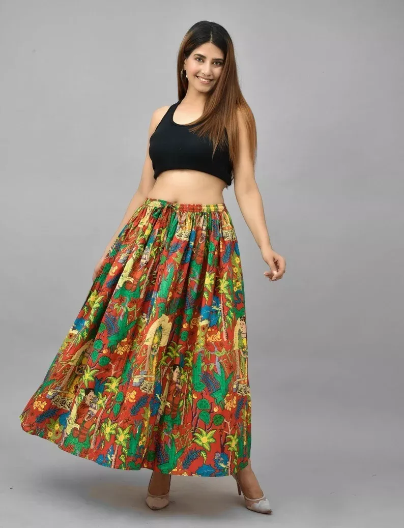 Indian Red Frida Floral Skirt Cotton Skirt Long Skirt Free Size
