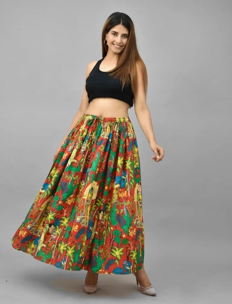 Indian Red Frida Floral Skirt Cotton Skirt, Long Skirt, Free Size Beachwear AU
